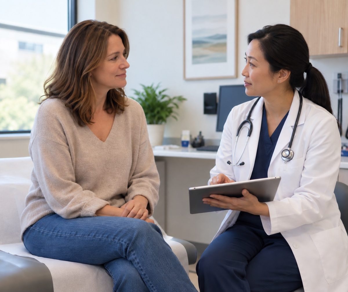 A clinician and a patient in conversation across a desk in a consulting room.